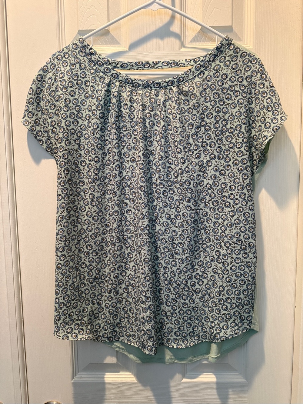 LOFT Light Blue Short-Sleeve Printed Blouse with Navy Motif